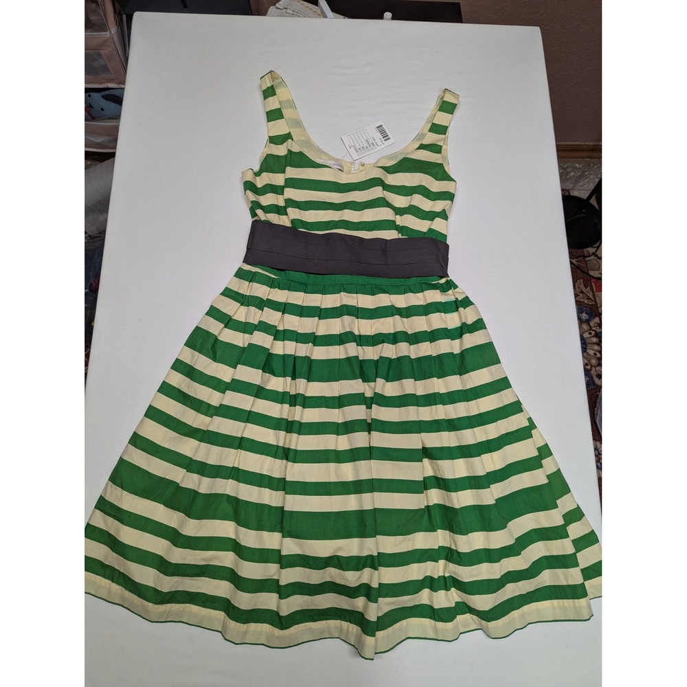 Corey Lynn Calter Anthropologie Green Striped Cotton Fit Flare Dress $178 NWT